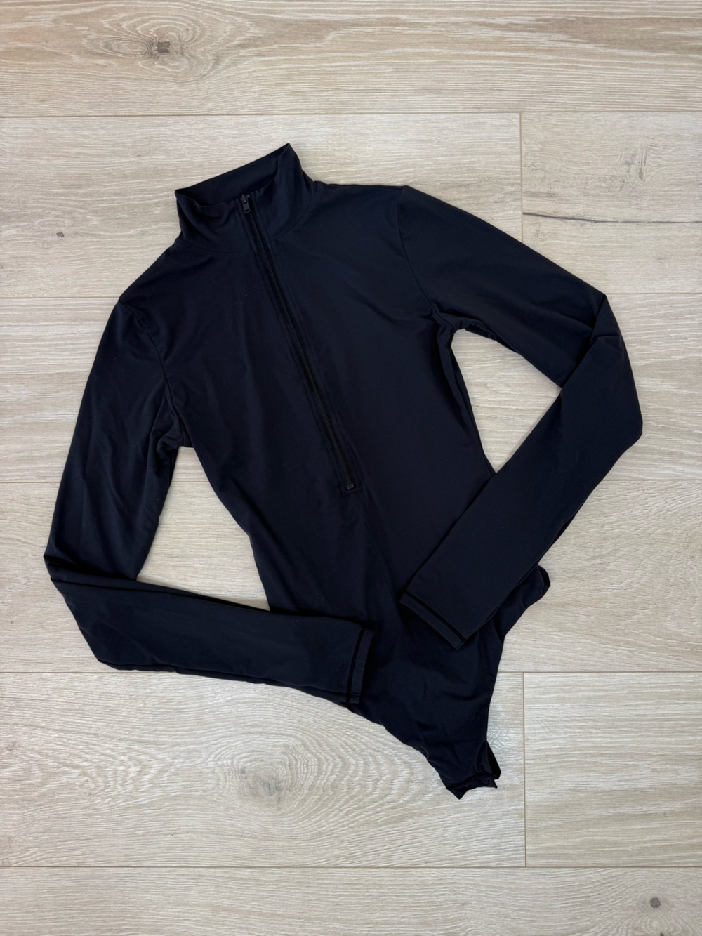 Skims Black Fits Everybody Long Sleeve Zip Up Bodysuit